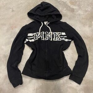 Vintage 90s y2k black zip up hoodie sweatshirt Size xs Victoria's Secret PINK
